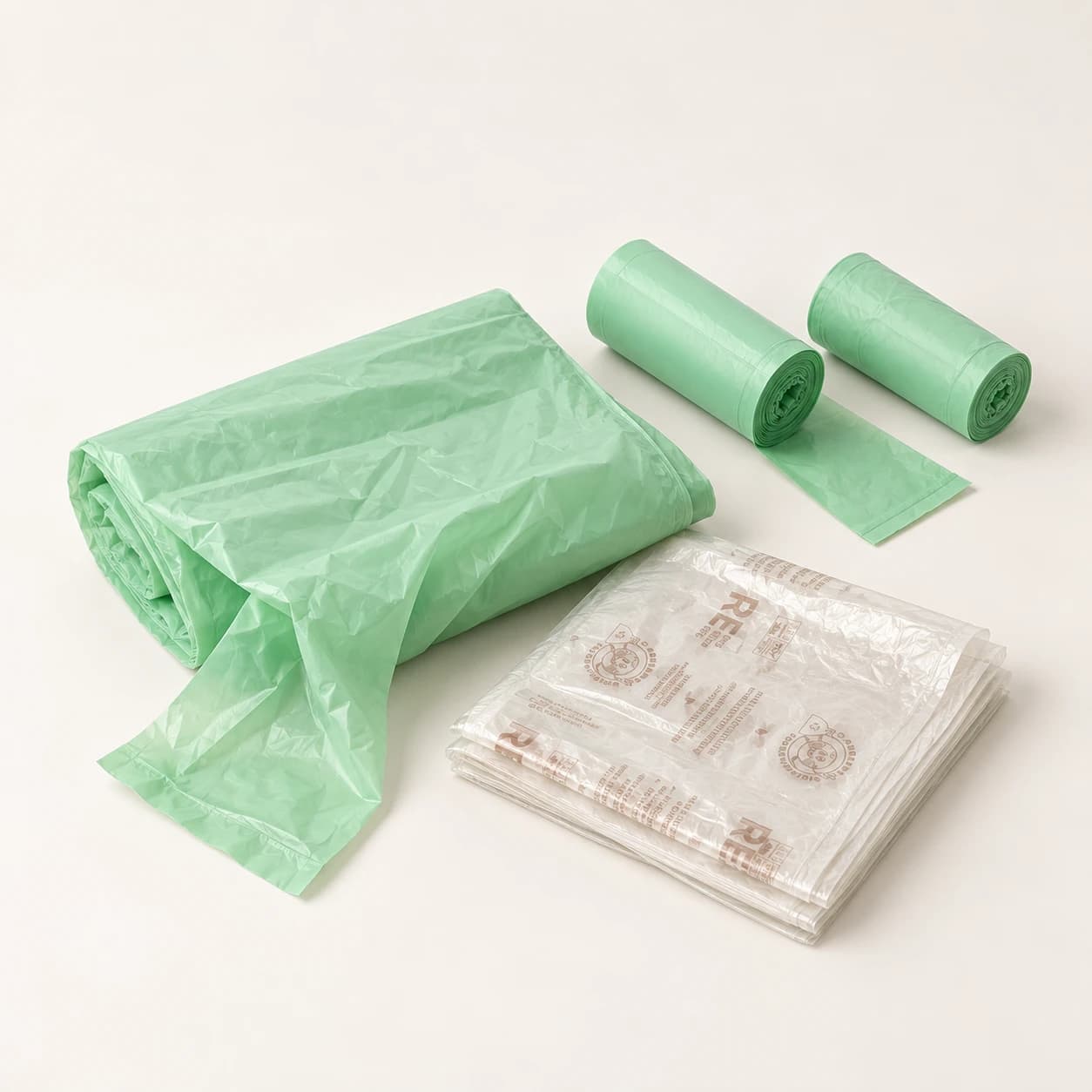 Rollos y bolsas compostables verdes junto a bolsas blancas translúcidas plegadas sobre un fondo claro