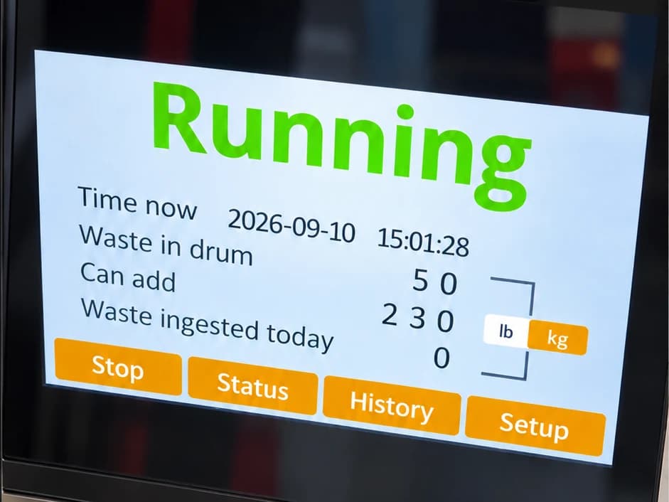 Pantalla de control del biodigestor mostrando el estado en funcionamiento